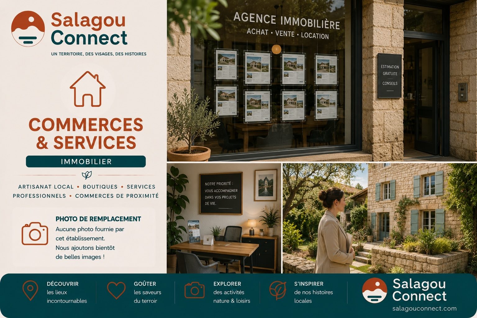 Vitrine d’une agence immobilière dans un village du Salagou