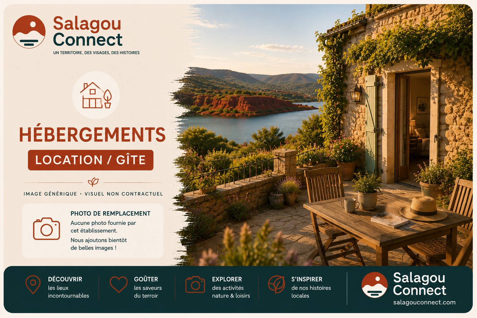 Terrasse d’un gîte en pierre dans le paysage du Salagou